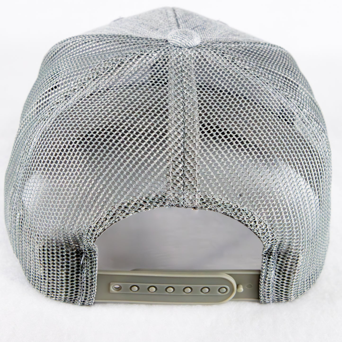 Rock Land Outfitters Blue Logo Patch On A Heather Gray Trucker Hat
