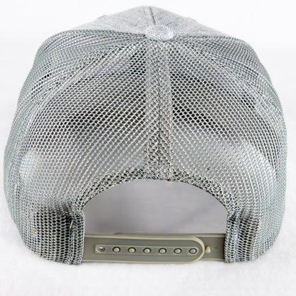 Rock Land Outfitters Blue Logo Patch On A Heather Gray Trucker Hat