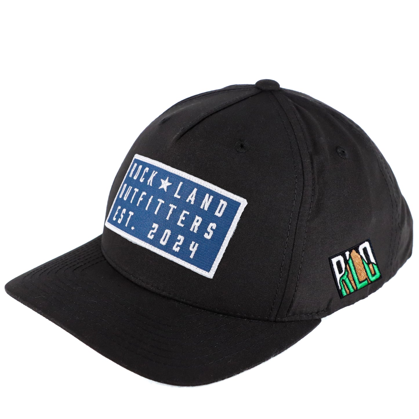 Rock Land Outfitters Blue Logo Patch On A Black Hat