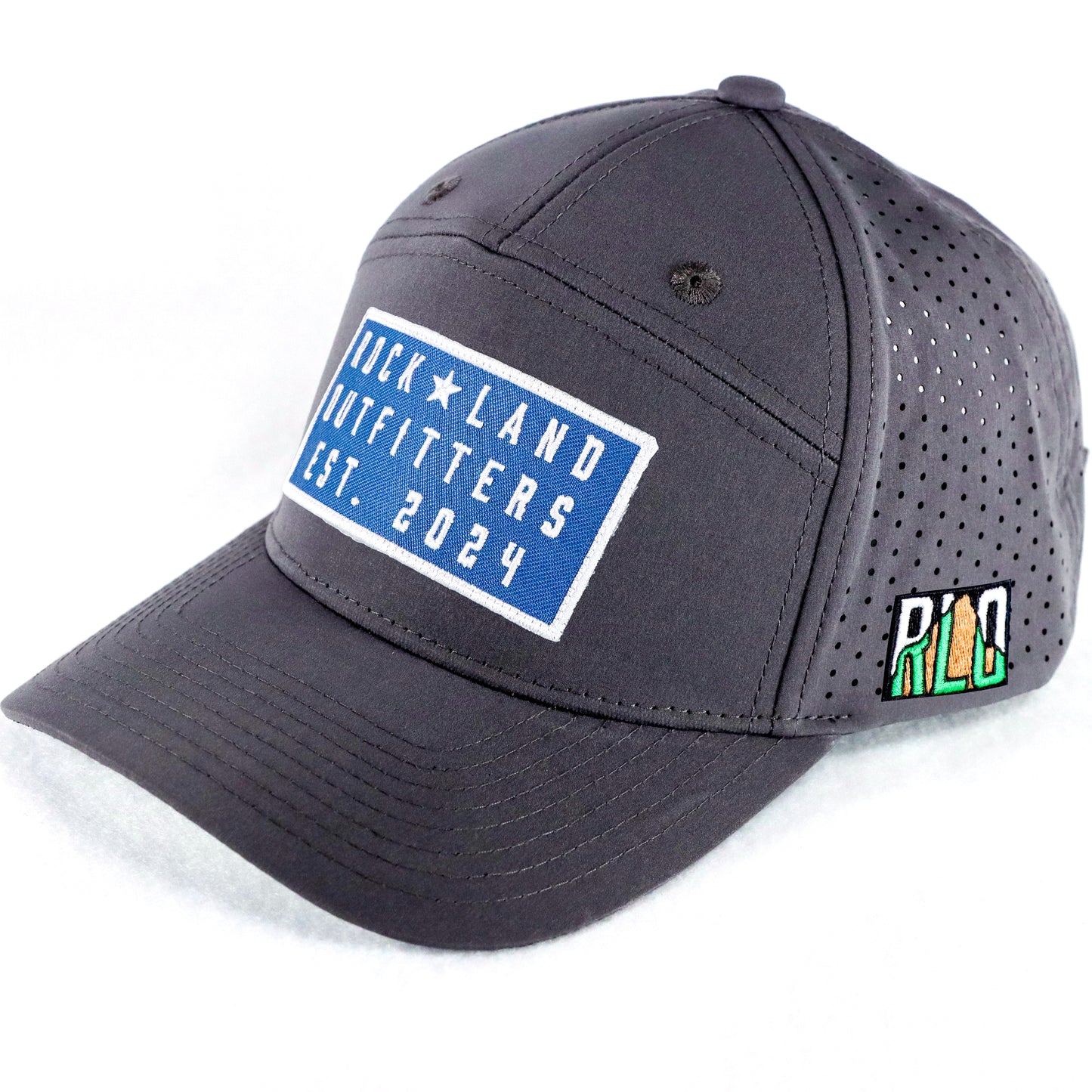 Rock Land Outfitters Blue Logo Patch On A 7 Panel Water Repellent Gray Hat