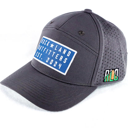 Rock Land Outfitters Blue Logo Patch On A 7 Panel Water Repellent Gray Hat