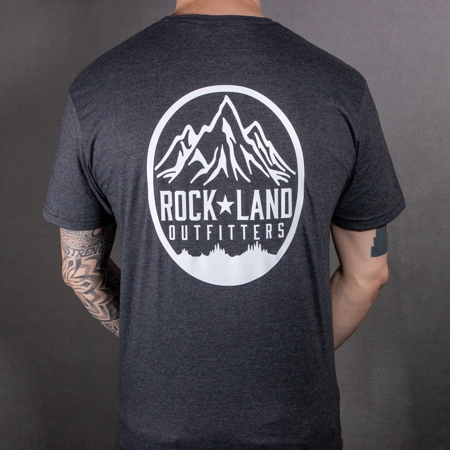 Heathered Gray Rock Land Outfitters Logo On A SoftStyle, Short Sleeve T-Shirt