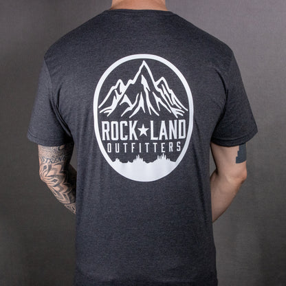 Heathered Gray Rock Land Outfitters Logo On A SoftStyle, Short Sleeve T-Shirt