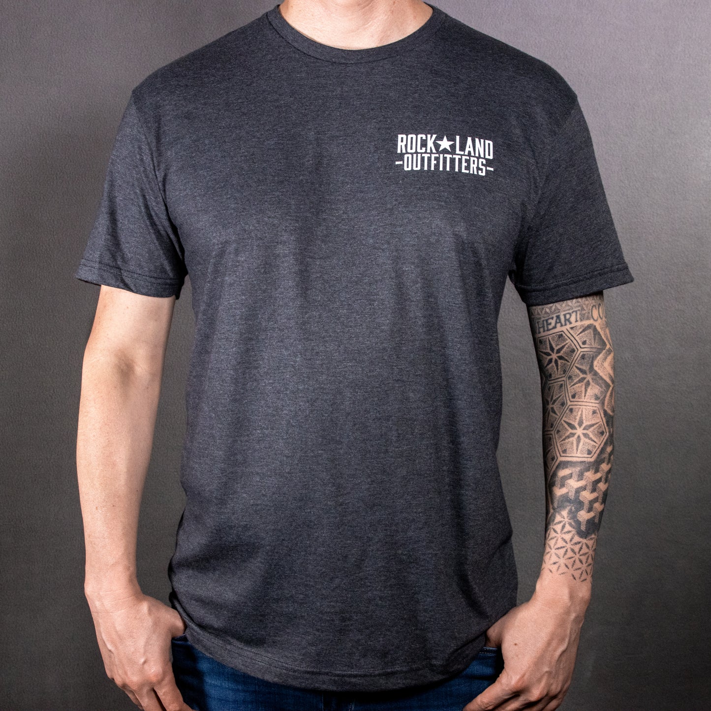 Heathered Gray Rock Land Outfitters Logo On A SoftStyle, Short Sleeve T-Shirt