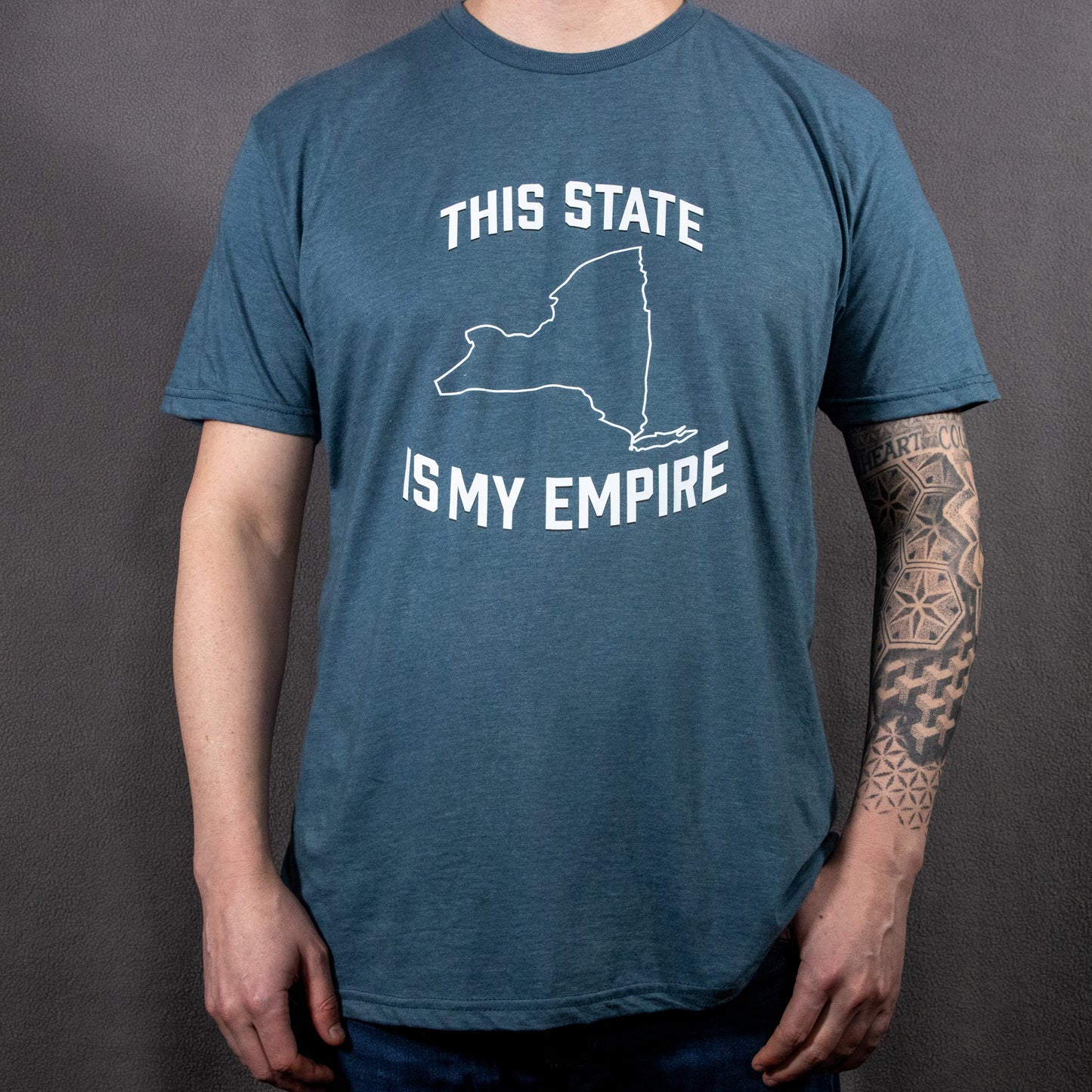Steel Blue "This State Is My Empire" on a SoftStyle, Short Sleeved Tee